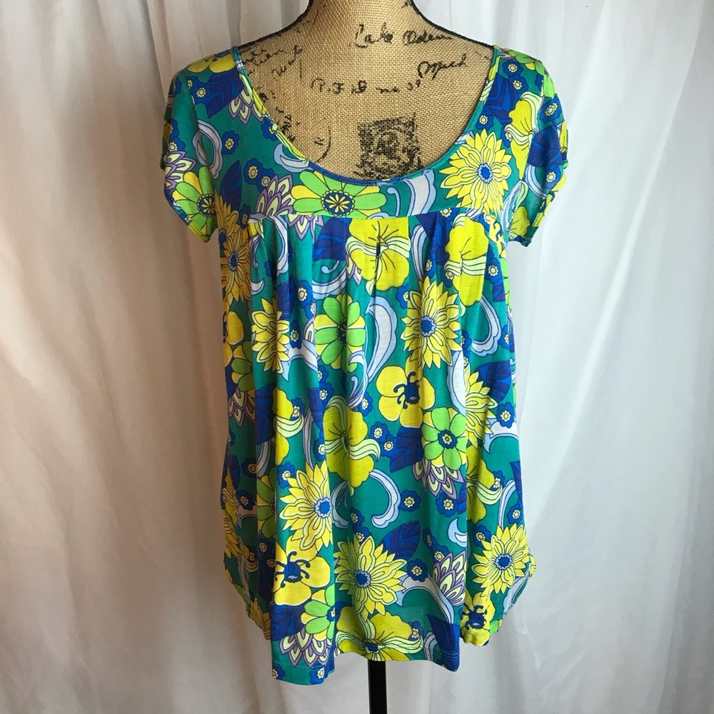 Lucky Brand Blue and Yellow Floral Short Sleeve Top